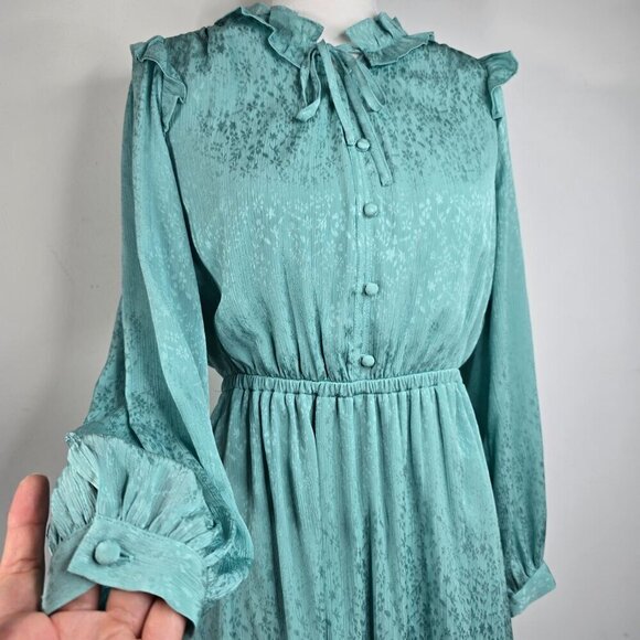 LC Conrad Sage Pistachio Green Edwardian High Collar Ruffle Long Sleeve Dress - Picture 3 of 9